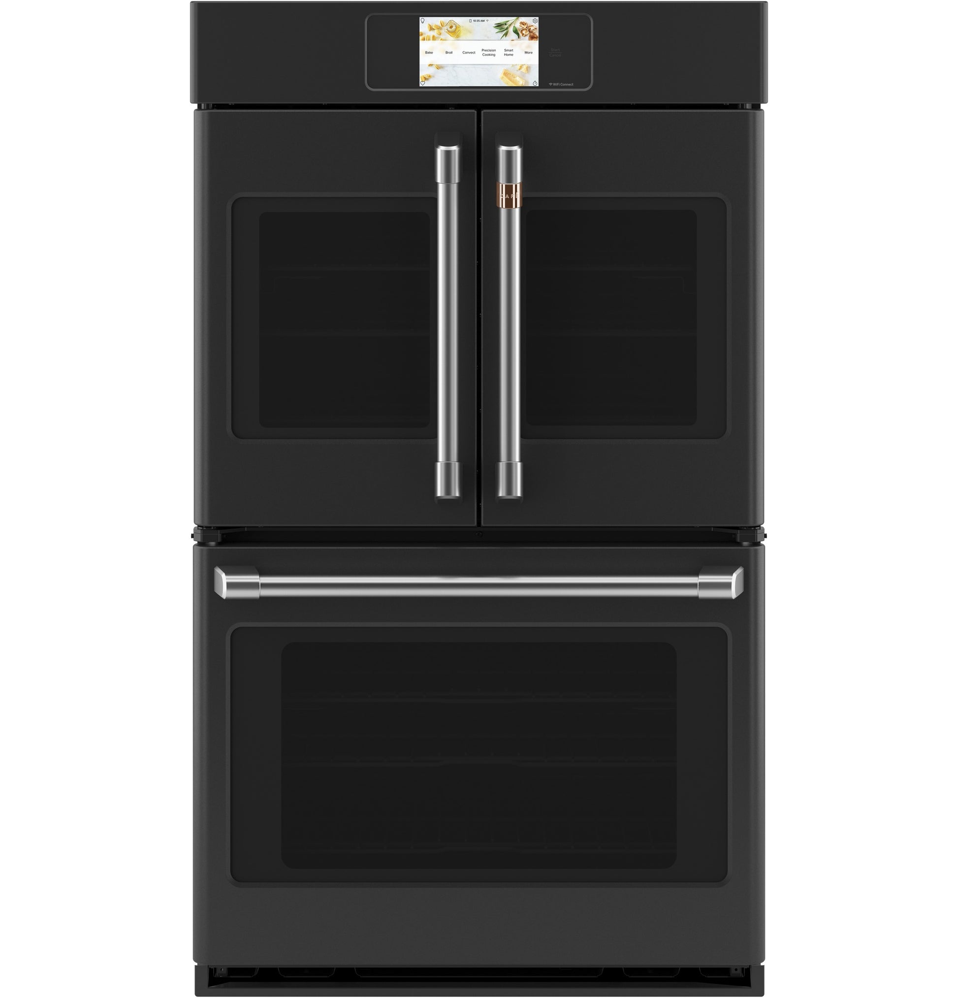 Black built-in convection double wall oven with French doors and digital touchscreen in kitchen appliances collection