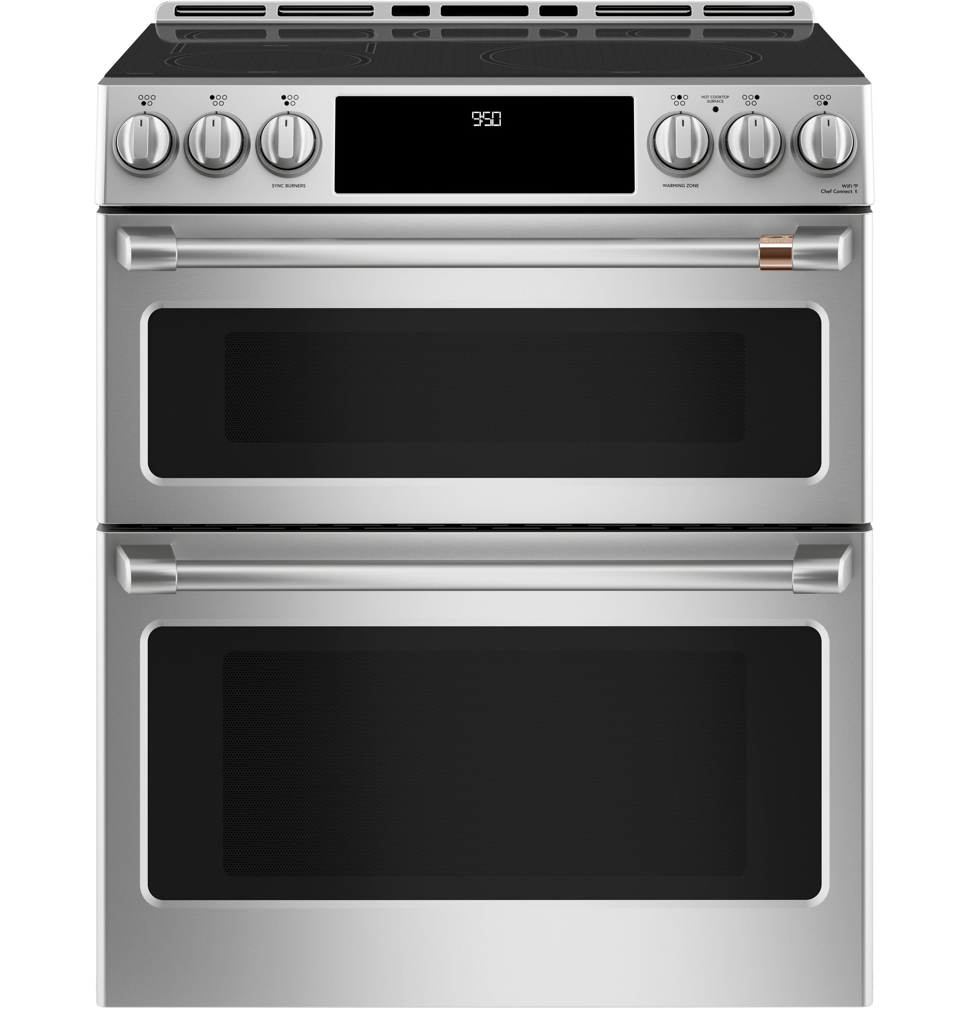 Front control stainless steel double oven range with induction cooktop and modern kitchen appliance design