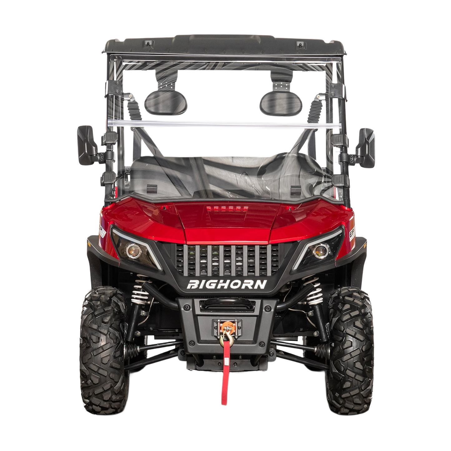Front view of a red Bighorn off-road UTV with rugged tires, winch, side mirrors, and protective roll cage for home improvement tasks