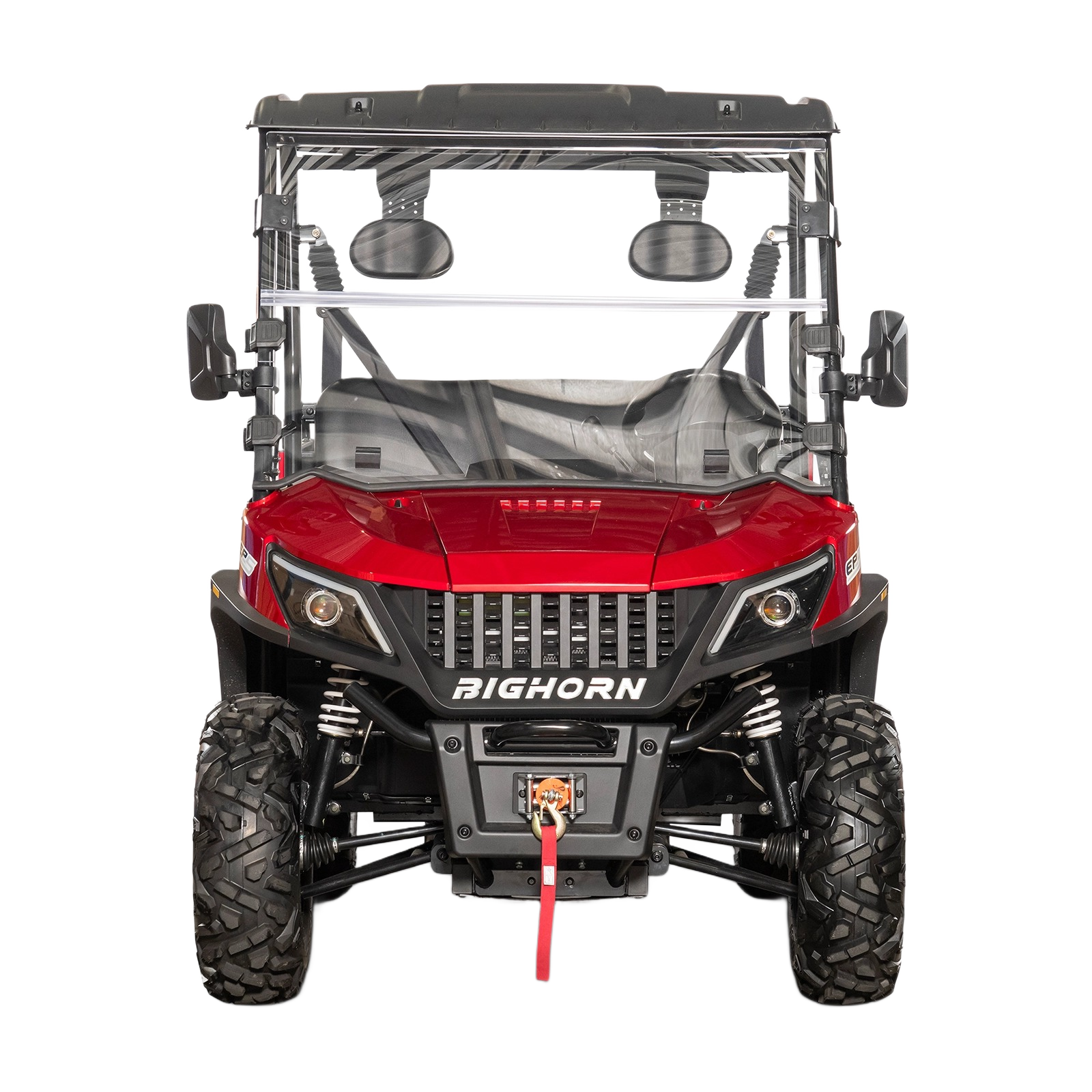 Front view of a red Bighorn off-road UTV with rugged tires, winch, side mirrors, and protective roll cage for home improvement tasks