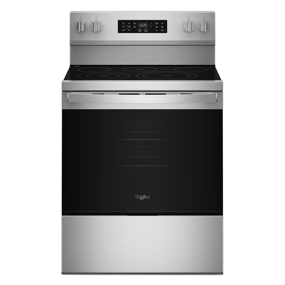 30-inch stainless steel electric range with smooth cooktop, digital controls, and air cooking technology in kitchen appliances