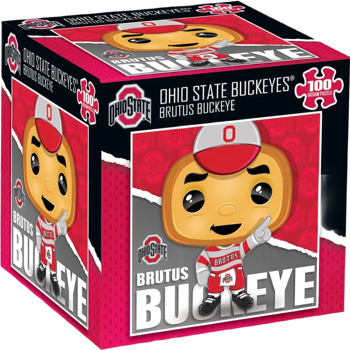 Colorful 100-piece Ohio State Buckeyes Brutus Buckeye jigsaw puzzle in red packaging for fans and collectors