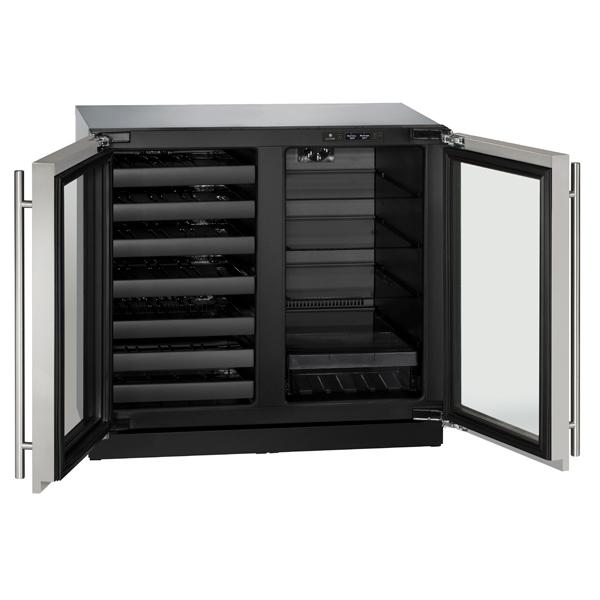 Stainless steel beverage center with dual glass doors open, showing shelving for wine and bottled drinks in kitchen appliance setting