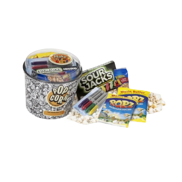 Movie night snack set with popcorn bucket, Sour Jacks candy, microwave popcorn, and colorful markers from Chips & Snacks collection