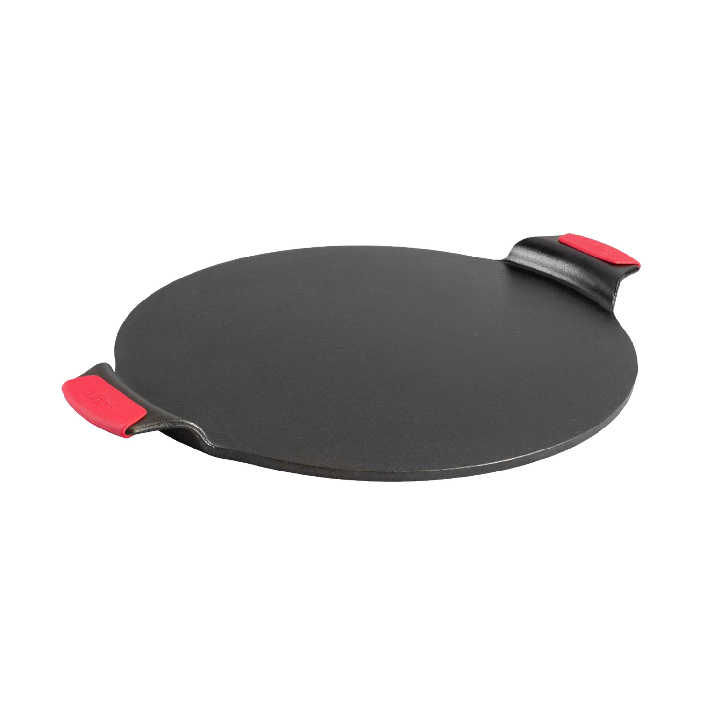 15-inch cast iron pizza pan with red silicone handle grips, suitable for Kitchenware and Lodge Cast Iron collections