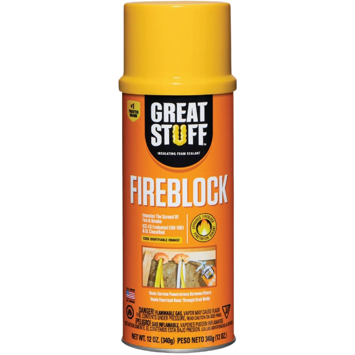 Orange can of foam sealant for fire blocking and insulation in home improvement and spray foam insulation collections