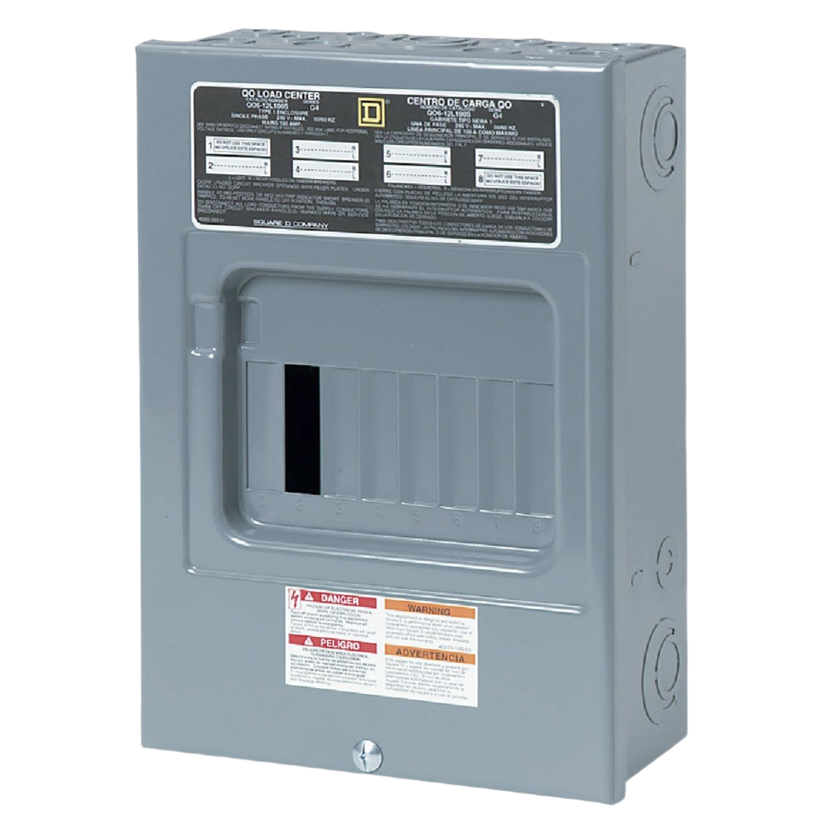 Gray Square D load center box with label and multiple breaker slots for residential electrical panel installation