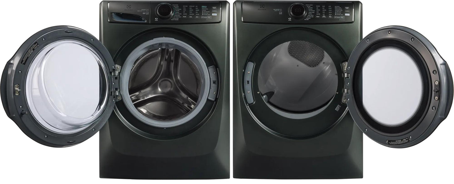 Front load dark green electric washer and dryer set with open doors, digital controls in washers and dryers collection