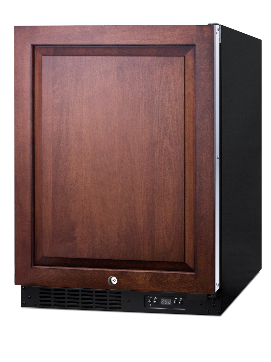 Built-in freezer with dark wood panel door, digital control panel, and vent grille for kitchen and freezers collection