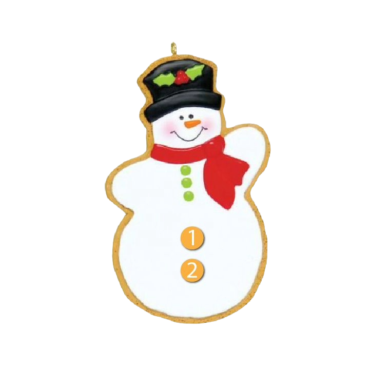 Personalized snowman cookie ornament with black hat, red scarf, and green buttons for Christmas tree décor under 50 dollars