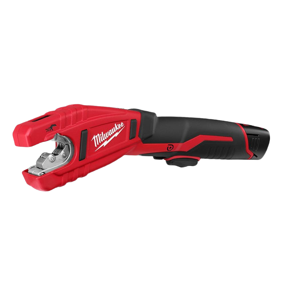 Cordless red and black copper tubing cutter with ergonomic design for home improvement and plumbing tasks