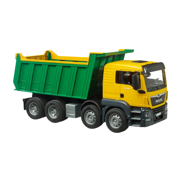 Yellow and green heavy-duty dump truck model with detailed cab and multiple wheels for construction play