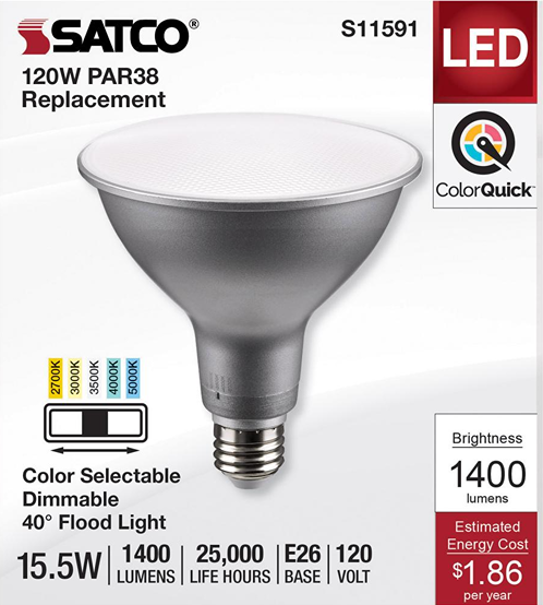 Silver PAR38 LED bulb with adjustable color temperature and dimmable floodlight features for home lighting and electrical projects