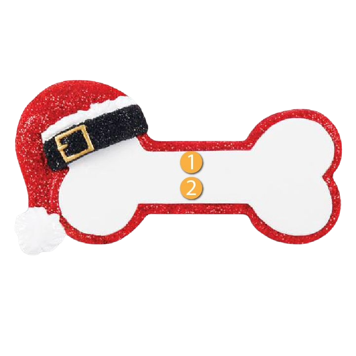 Dog bone-shaped Christmas ornament with Santa hat and space for personalized messages in festive decor collection