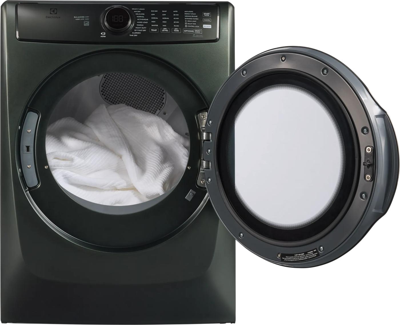 Dark green front load electric dryer with open door showing white towels for appliances and dryers collections