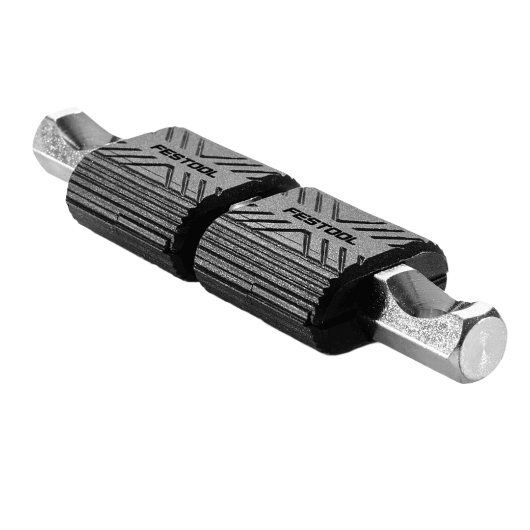 Black and silver Festool double bolt connector with textured grip for woodworking tool accessories and home improvement use