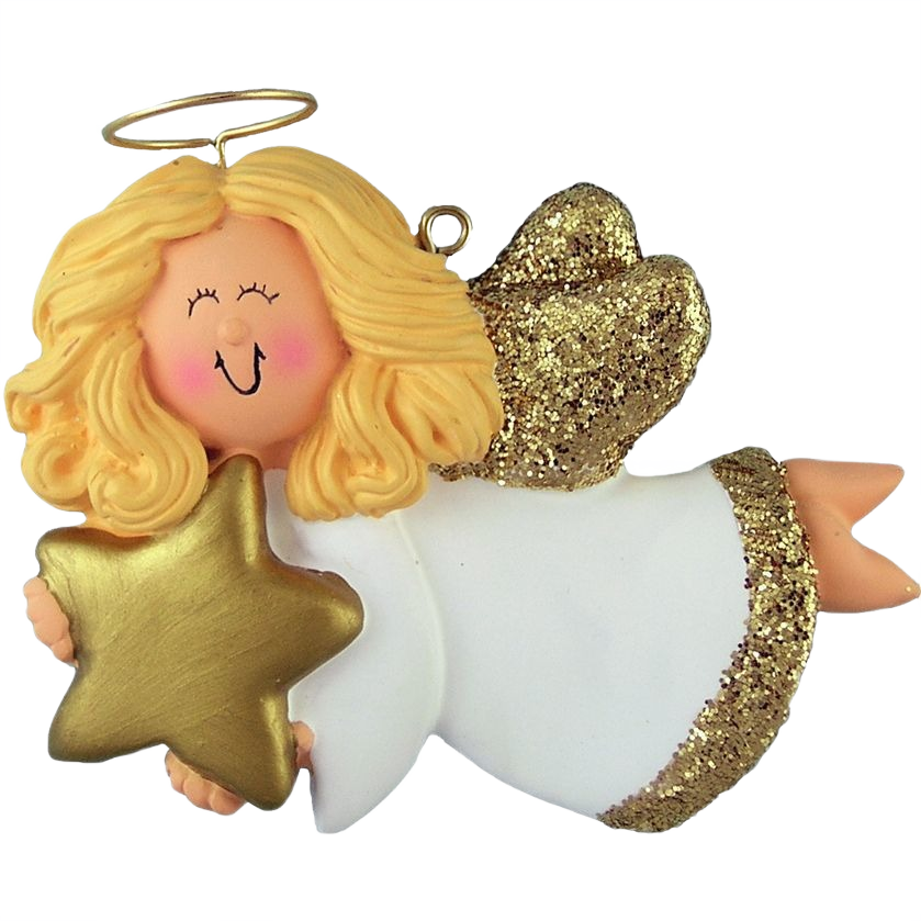 Blonde angel ornament with glittery gold wings and star, wearing white robe Christmas tree decoration under $50