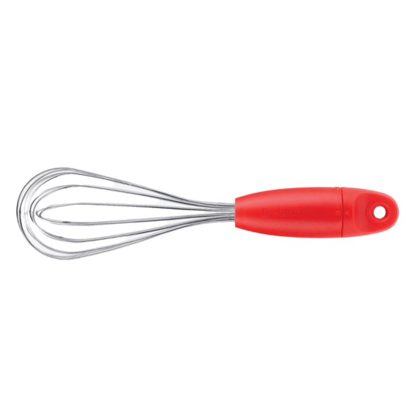 Compact kitchen whisk with red ergonomic handle, designed for easy cleaning and efficient whisking under $50 collections