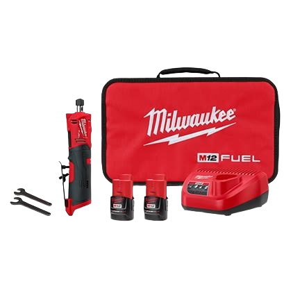 Red and black cordless die grinder kit with two batteries, charger, wrenches, and branded carrying case for home improvement tasks