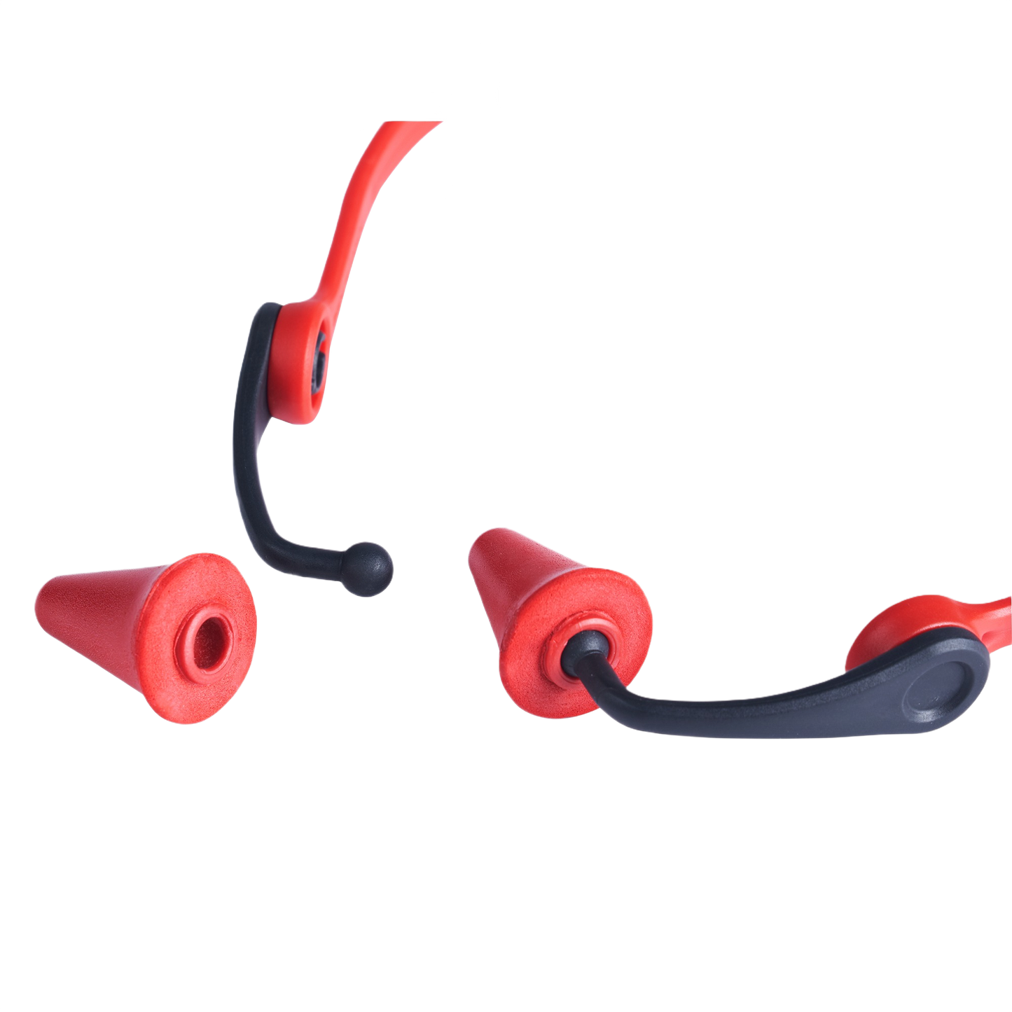 Red and black band-style ear plugs for effective hearing protection in tools and home improvement environments