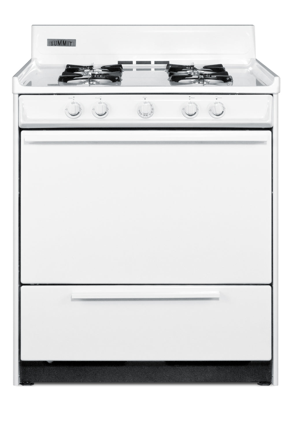 White freestanding gas range with four burners and control knobs for kitchen and appliances collections