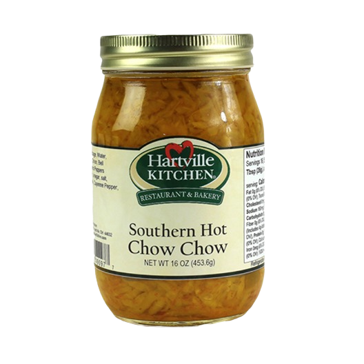 Glass jar of Hartville Kitchen Southern Hot Chow Chow with gold lid and green and cream label design