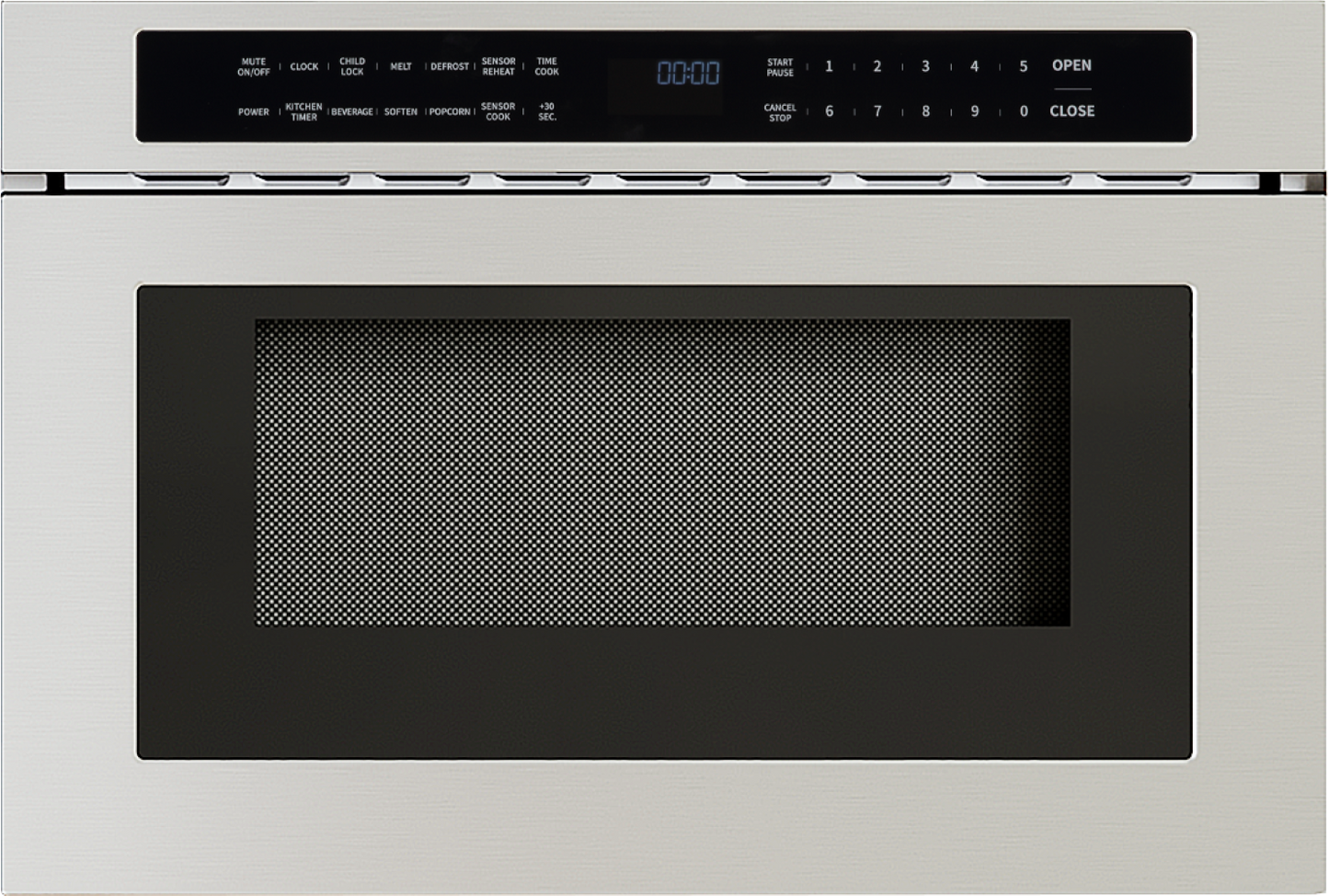 built-in stainless steel microwave drawer with digital controls and mesh window for kitchen appliances collection