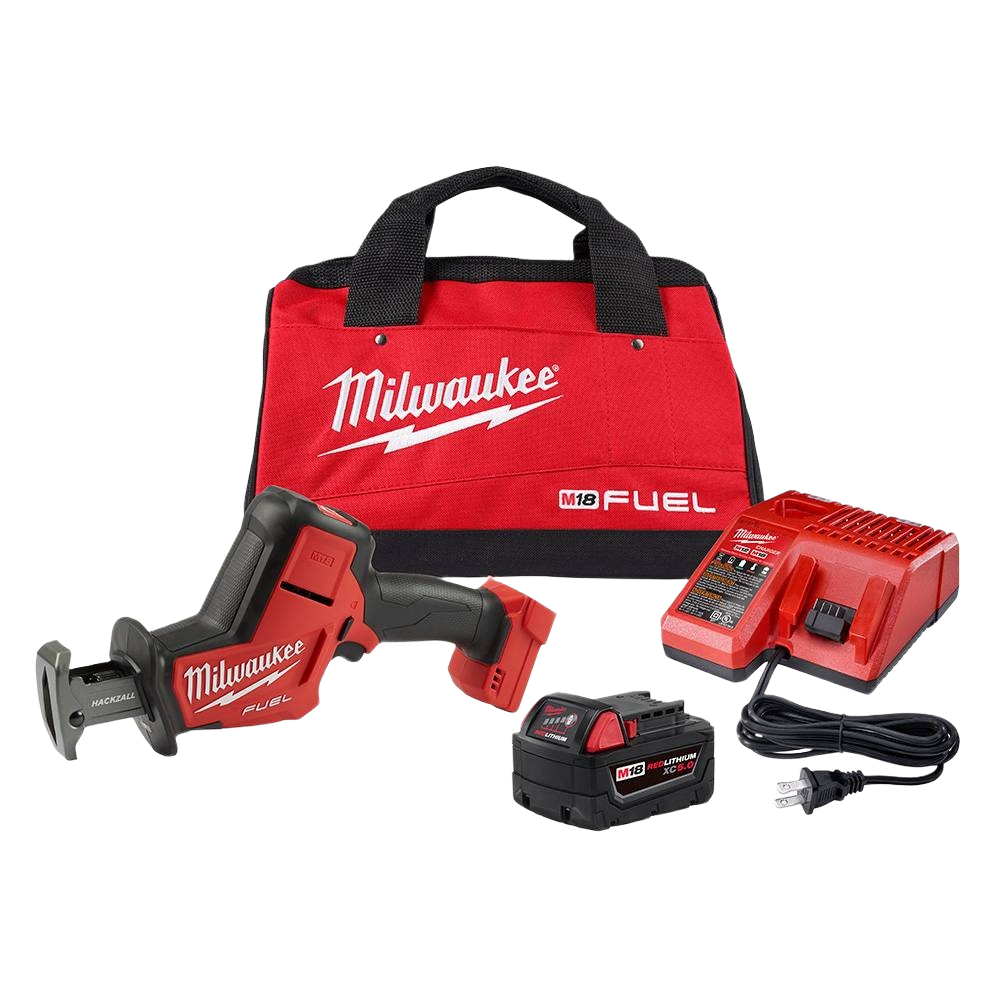 Cordless reciprocating saw kit with battery, charger, and red carrying bag for power tools and woodworking use