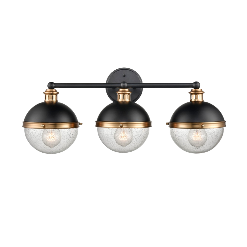 Matte black and aged brass three-light vanity fixture with clear seeded glass shades for bathroom lighting