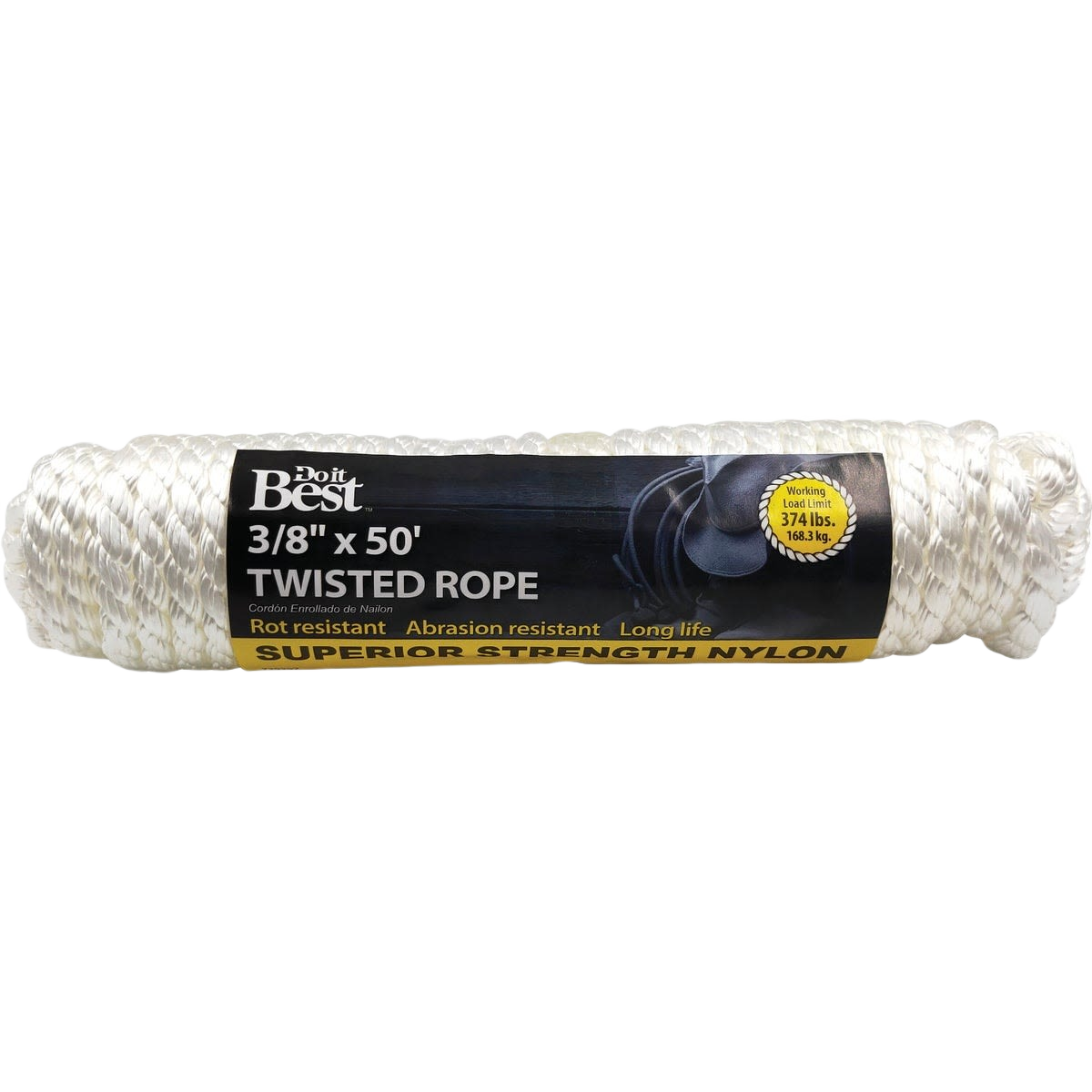 White twisted nylon rope packaged for home improvement with 3/8 inch thickness and 50 feet length