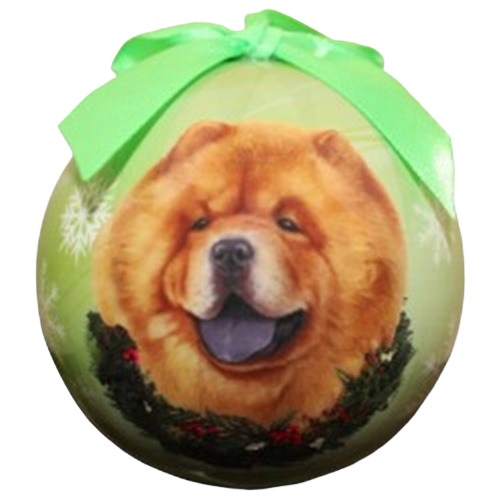 Green Christmas ball ornament featuring a smiling Chow dog face with holiday wreath and bow decoration
