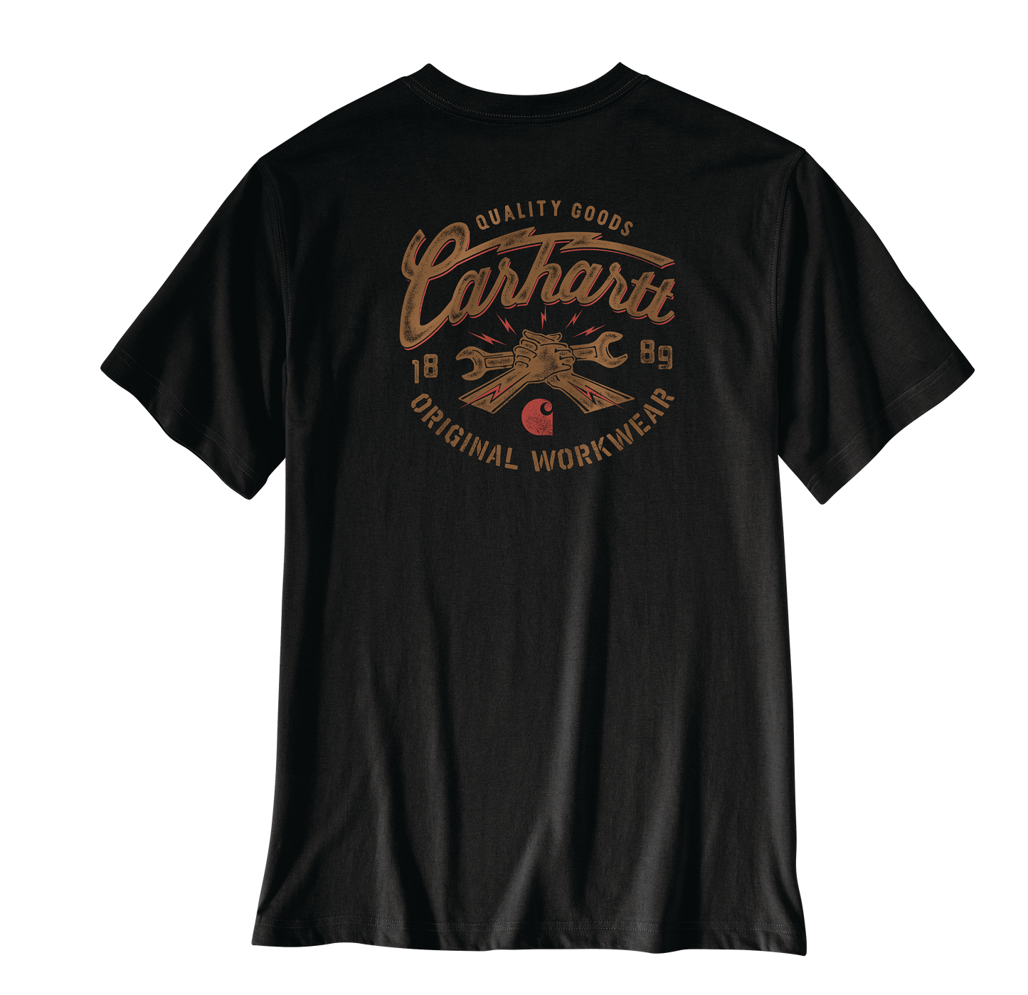 Black relaxed fit t-shirt featuring a vintage-inspired wrench graphic and Carhartt logo in muted brown tones, designed for durable men's workwear.