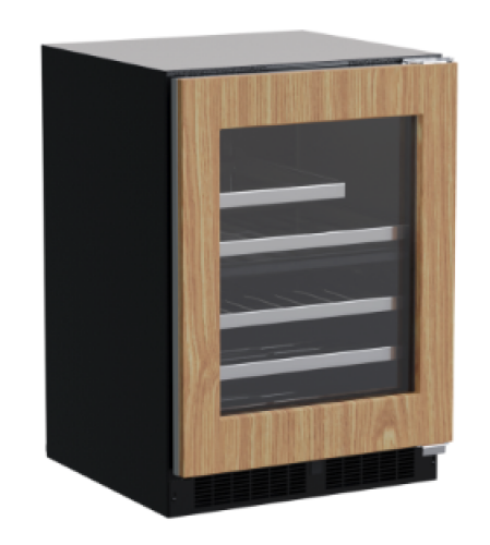 Built-in dual zone beverage center with wood-framed glass door, metal shelves, in Refrigerators and Beverage Centers collections
