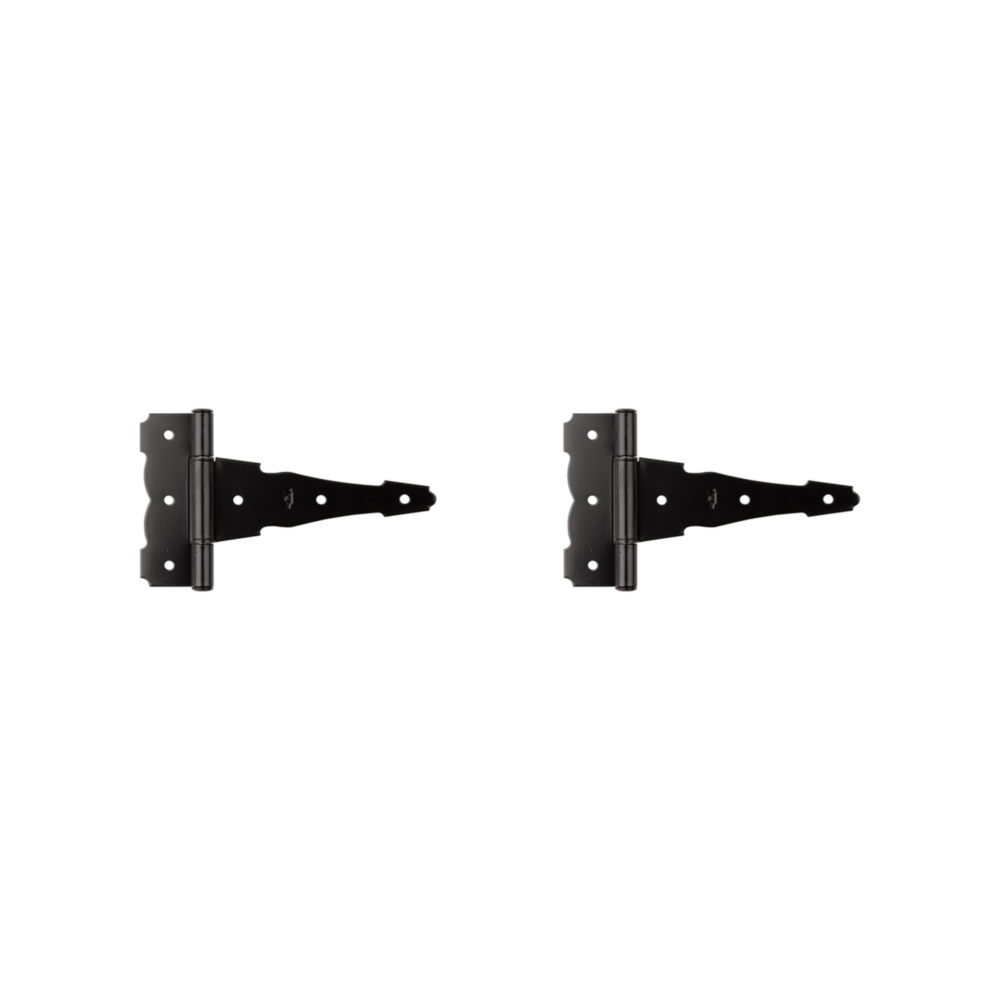 Set of two 6-inch black ornamental reversible T-hinges with bearing design for gates and doors in gate hardware under $50