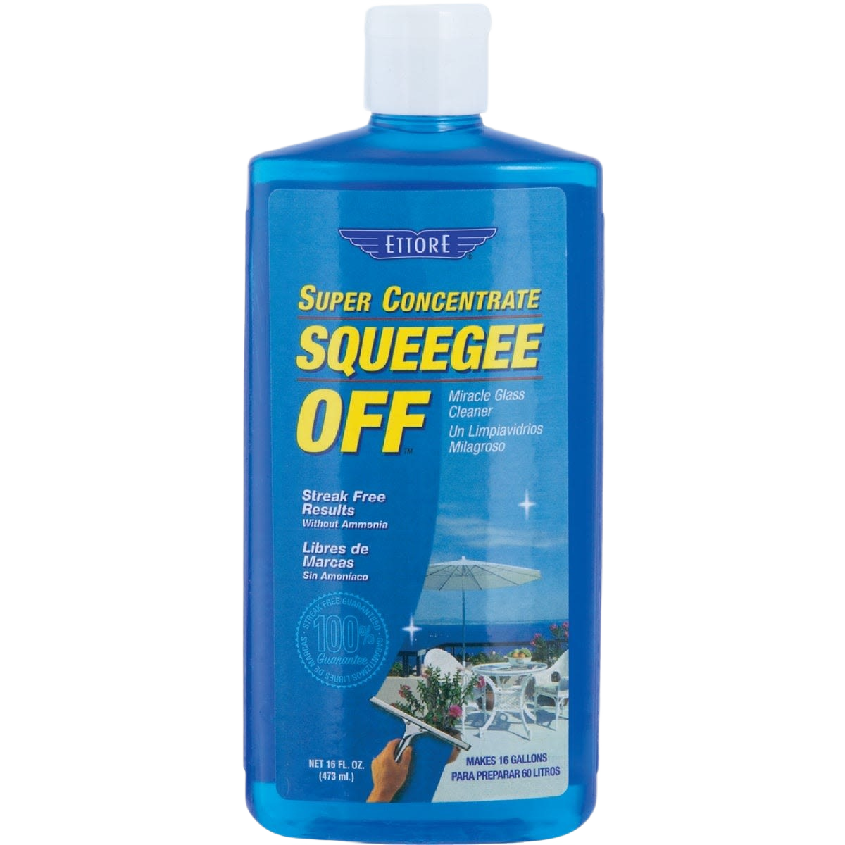 Blue bottle of glass cleaner concentrate with white cap and bright yellow label for streak-free cleaning supplies