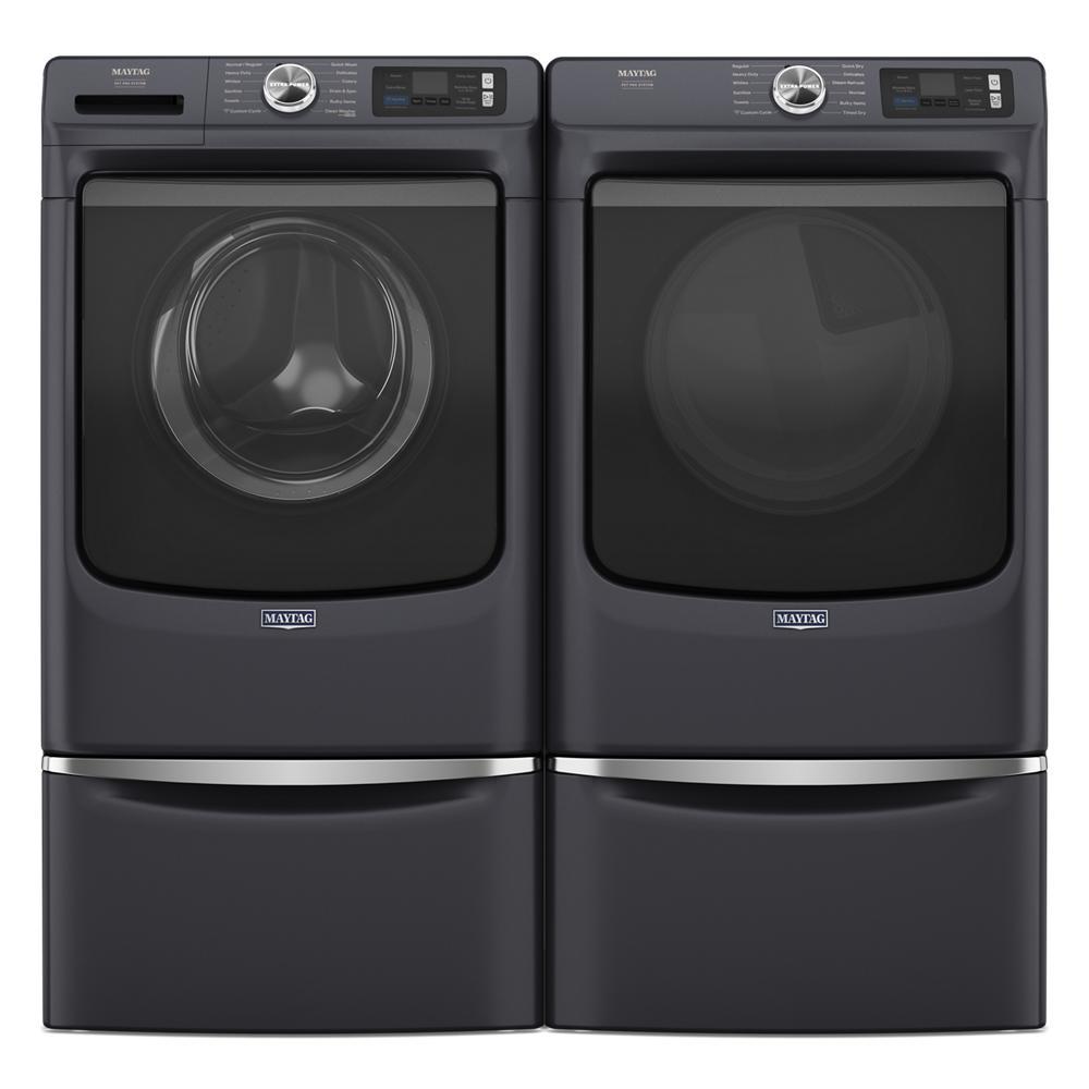 Dark gray front load washer and dryer set with digital controls and storage pedestals in Appliance Parts & Accessories collection