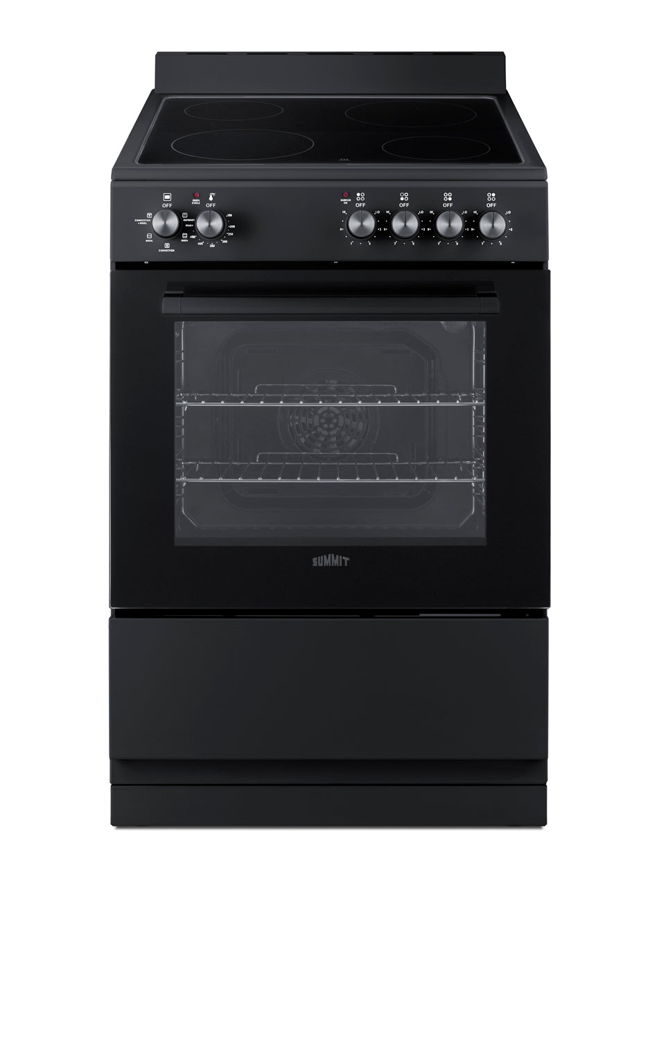 Sleek black electric smooth-top range with oven window, control knobs, and compact design for small kitchens and apartments
