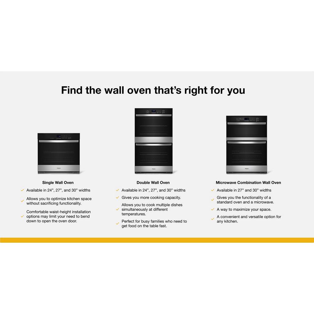 Comparison of single, double, and microwave combination wall ovens with features and available sizes for kitchen appliances.