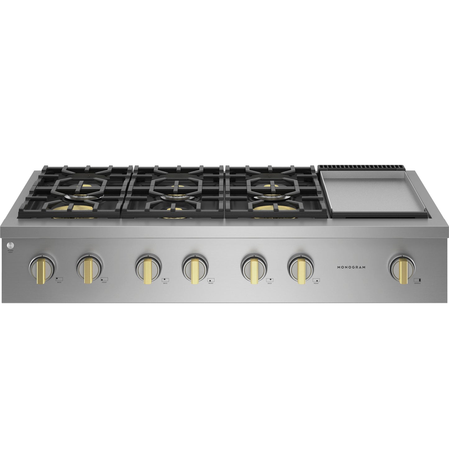 48-inch stainless steel gas rangetop with six burners, griddle, and brass control knobs from Cooktops collection