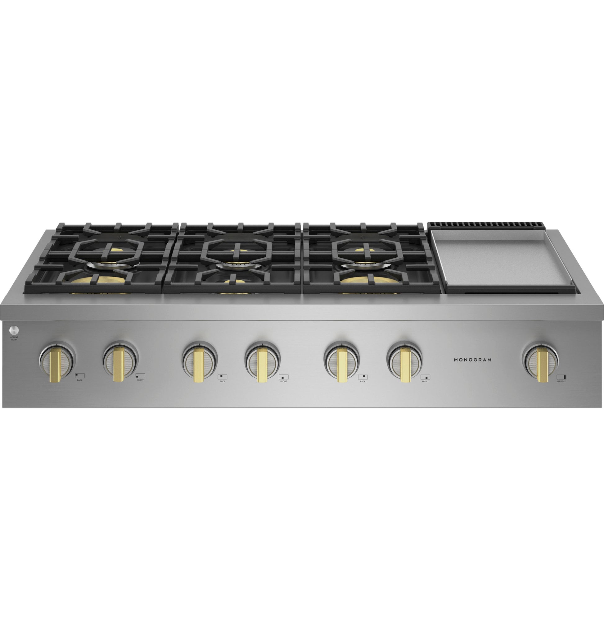 48-inch stainless steel gas rangetop with six burners, griddle, and brass control knobs from Cooktops collection