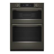 Black ore double wall oven with digital touchscreen and backlit knobs from KitchenAid appliances collection.