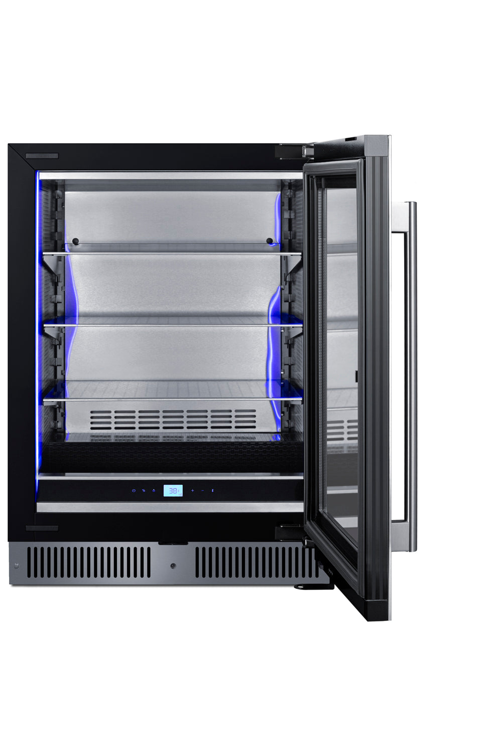 Open built-in beverage center with glass door, illuminated interior, metal shelves, and digital temperature display in kitchen appliance.