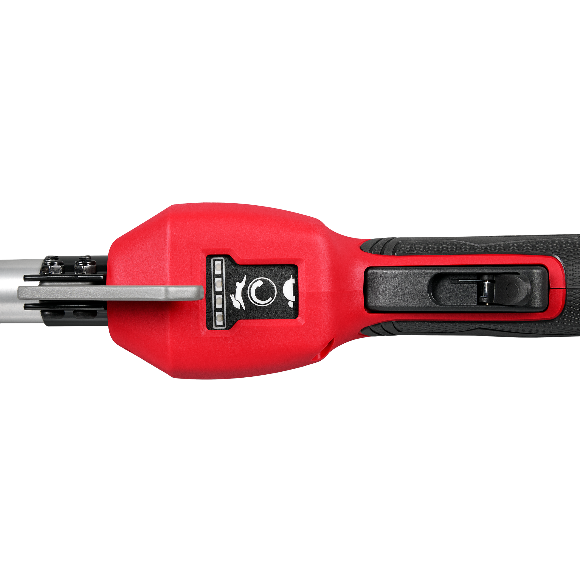 Top view of red and black Milwaukee outdoor power tool handle with ergonomic grip and control switch