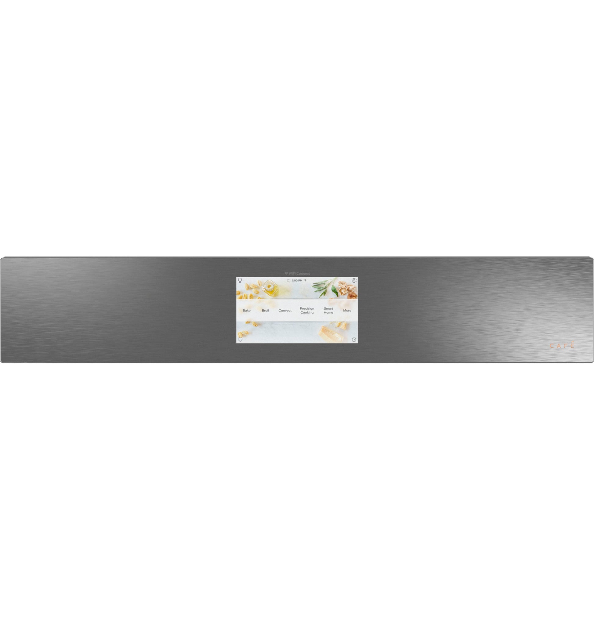 Control panel of a smart built-in oven in platinum glass with digital touchscreen from kitchen appliances collection