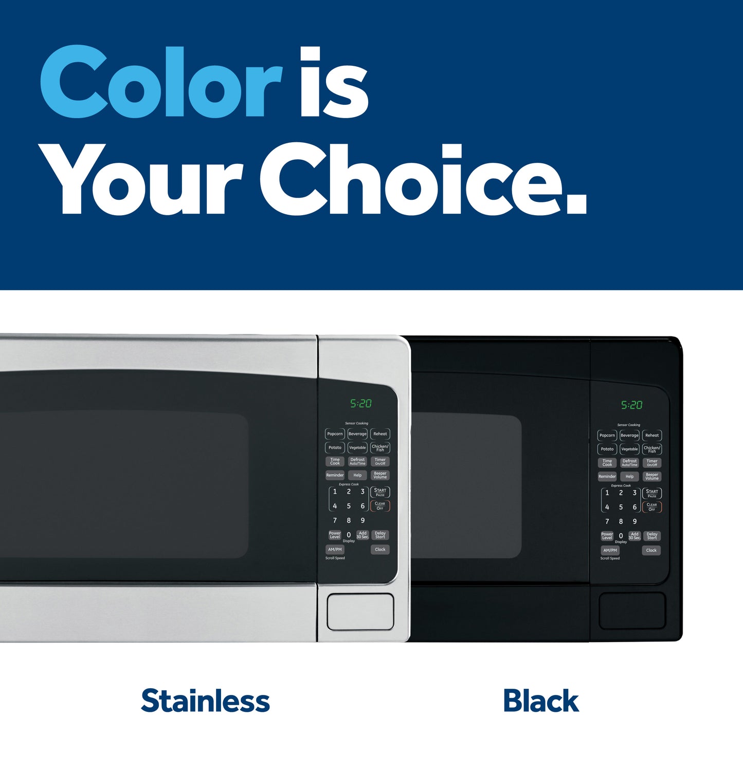 Two countertop microwave ovens side by side in stainless steel and black finishes highlighting color options.