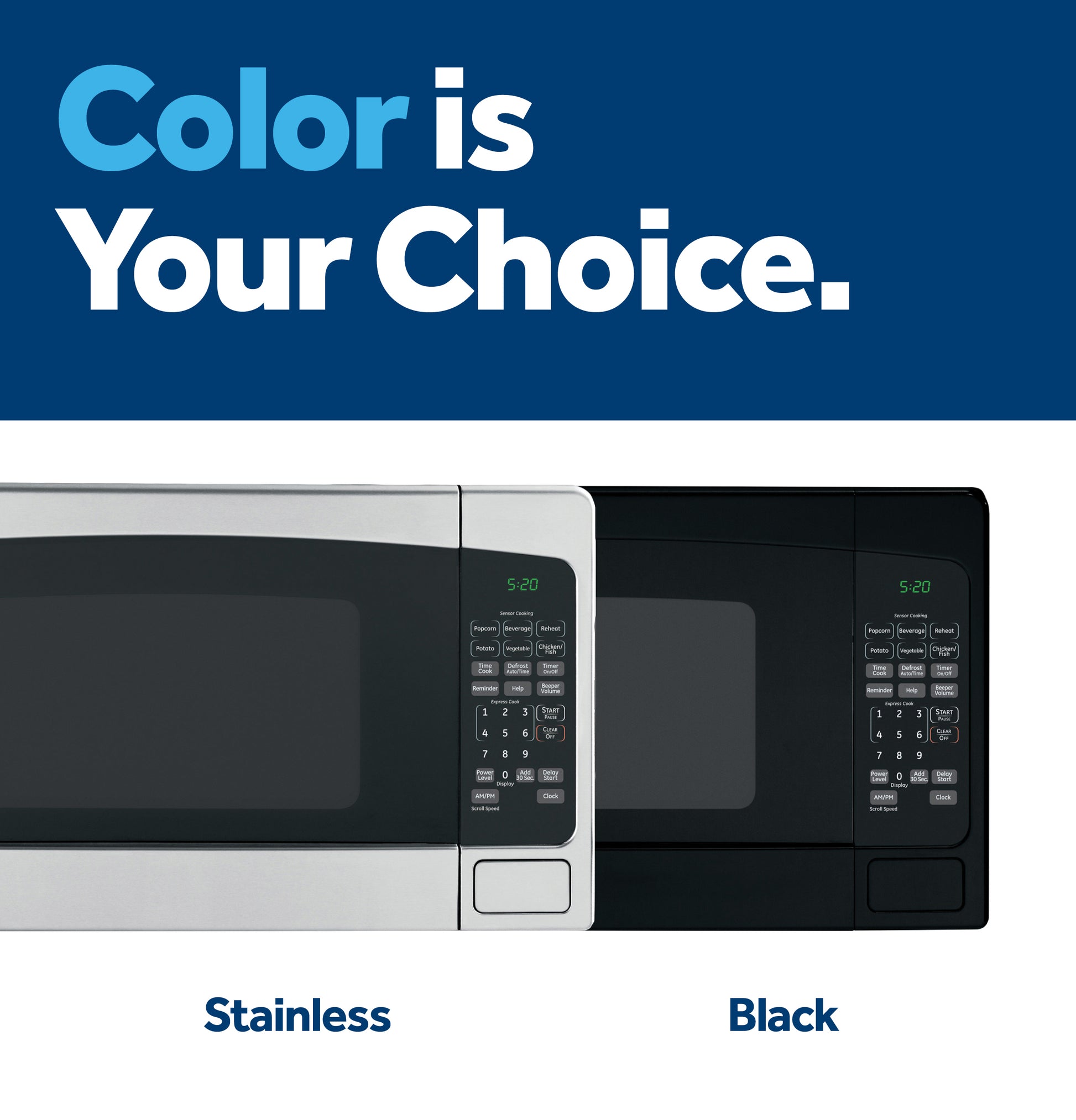 Two countertop microwave ovens side by side in stainless steel and black finishes highlighting color options.