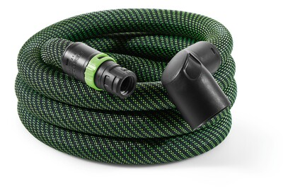 Green and black braided hose with connectors designed for Festool cordless dust extractor in woodworking and air filtration tools