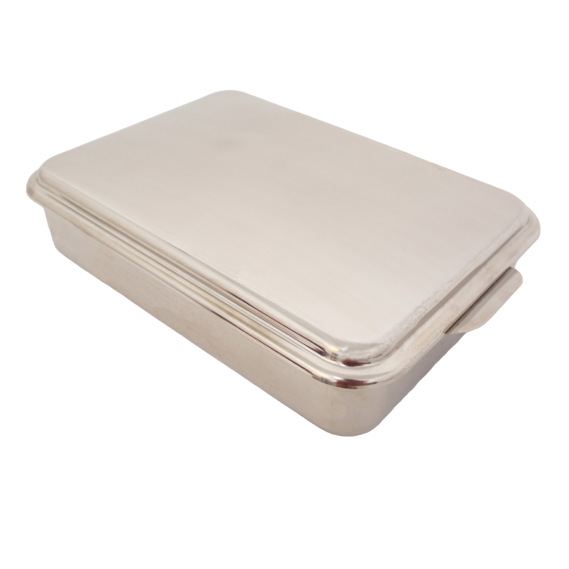 Rectangular stainless steel cake pan with fitted lid for baking and storage in kitchenware and bakeware collections