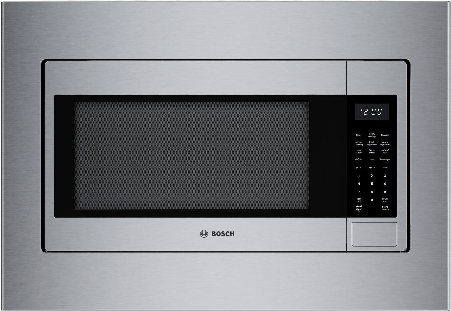 Built-in stainless steel microwave with left side-opening door and digital control panel in Bosch appliance collection