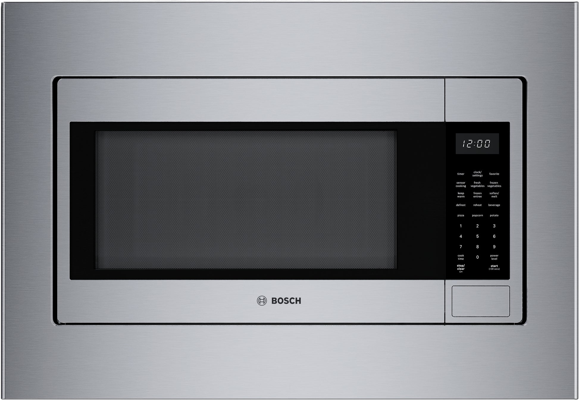 Built-in stainless steel microwave with left side-opening door and digital control panel in Bosch appliance collection